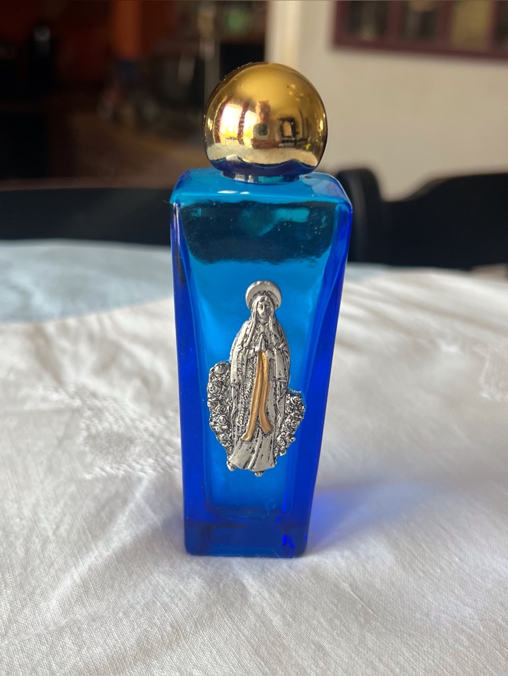 Vtg Blue Glass Full Holy Water Bottle Virgin Mary Sacred Devotion Orig Stopper